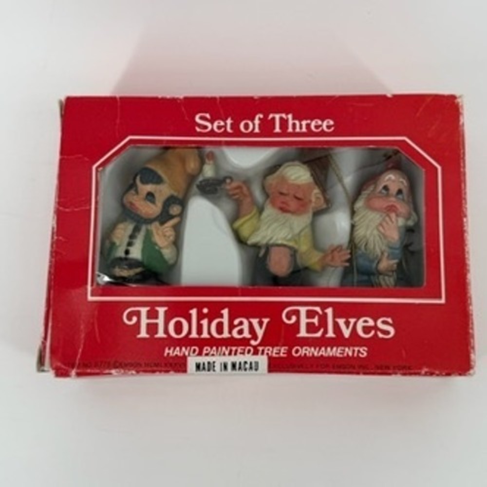 Vintage 1986 Emson Holiday Elves Hand Painted Tree Ornaments Set of 3 Macau‎